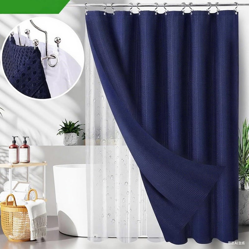 Viowil Navy Blue Bathroom Set, 23 PCS Bathroom Accessories Set with Shower Curtains, Trash Can, Toothbrush Holder, Soap Dispensers, Toothbrush Cup, Vanity Tray, Soap Dish, Toilet Brush, Qtip Holders - Image 3